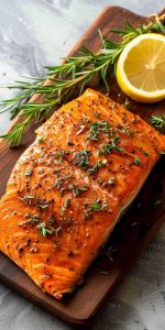 Grilled BBQ salmon flatbread on a cutting board, garnished with rosemary and lemon slices for a fresh presentation.