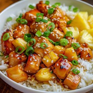 A vibrant dish of sweet and sour chicken topped with pineapple and sesame seeds, showcasing a Caribbean honey-pineapple glaze.